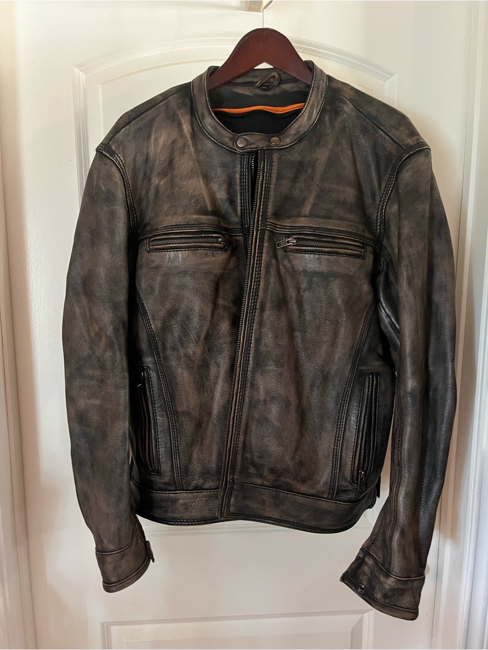 Men's Distressed Black Leather Biker Jacket XL